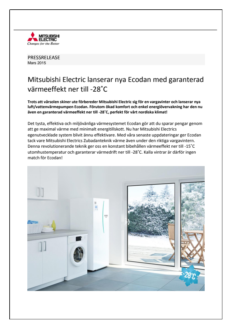 Mitsubishi Electric lanserar nya Ecodan med garanterad värmeeffekt ner till -28˚C