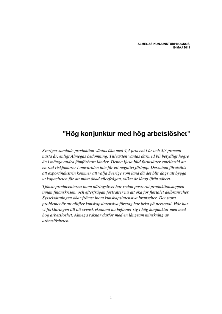Almegas Konjunkturprognos maj 2011