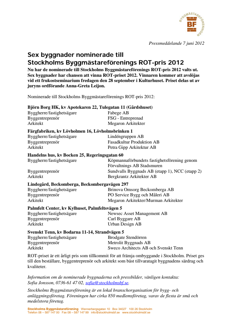 Sex byggnader nominerade till  Stockholms Byggmästareförenings ROT-pris 2012
