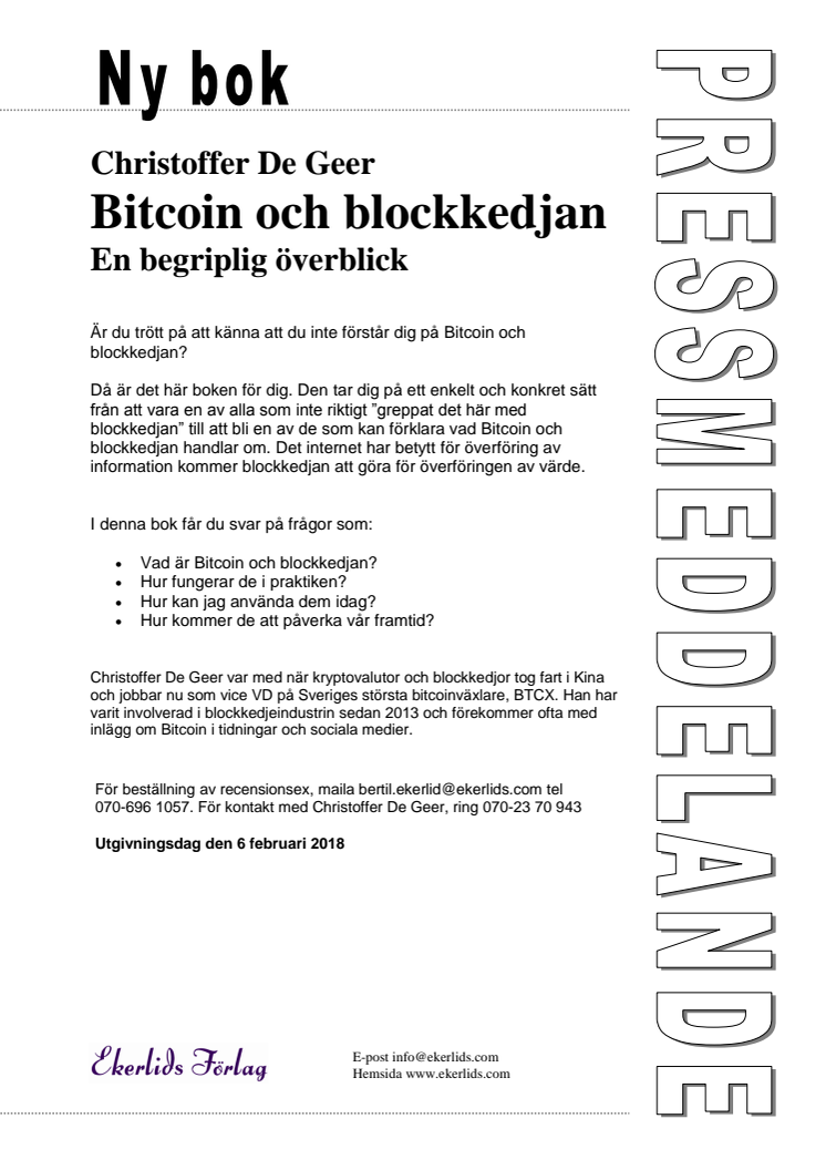 Ny bok: Bitcoin och blockkedjan - en begriplig överblick av Christoffer De Geer