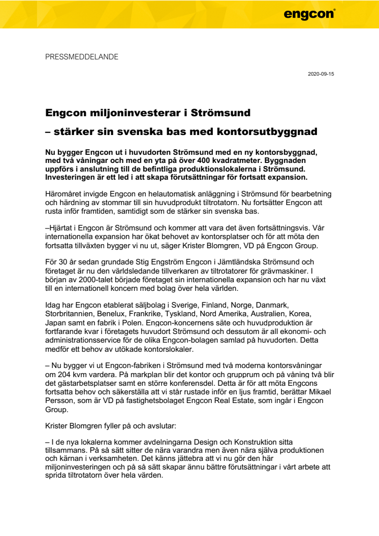 Engcon miljoninvesterar i Strömsund – stärker sin svenska bas med kontorsutbyggnad