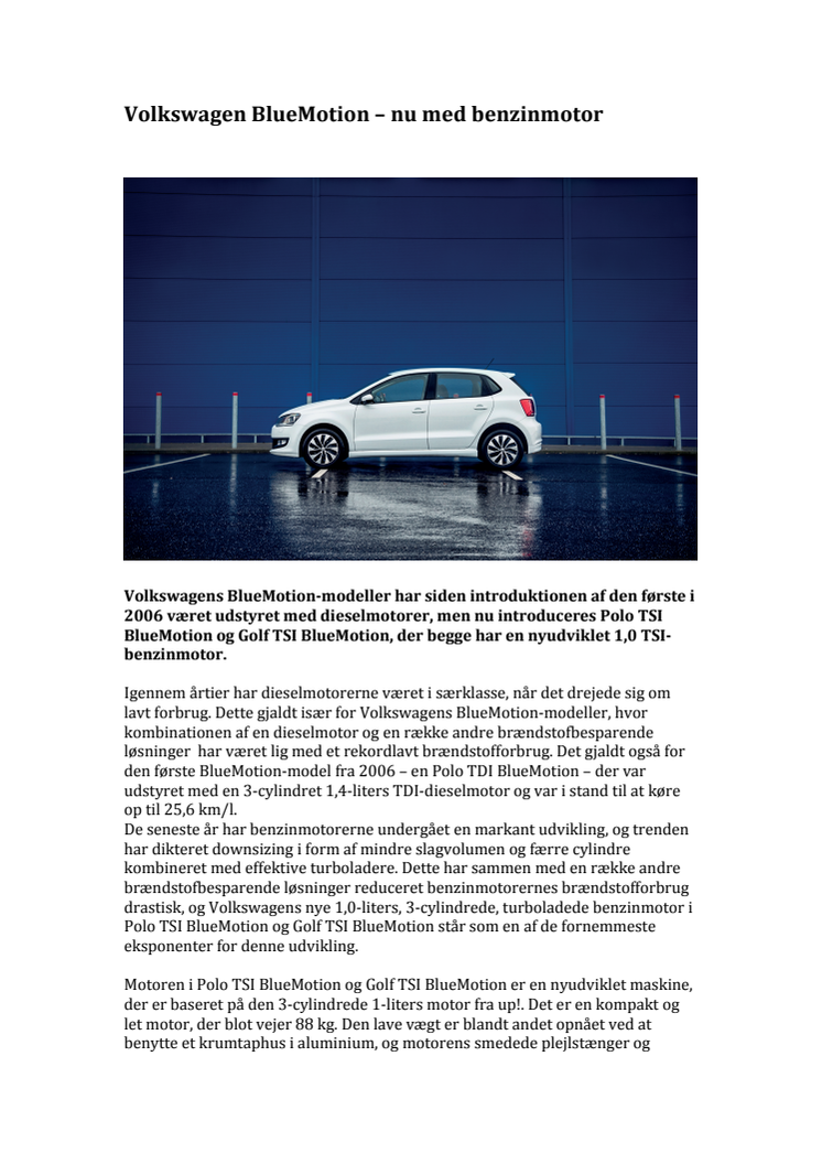 Volkswagen BlueMotion - nu med benzinmotor