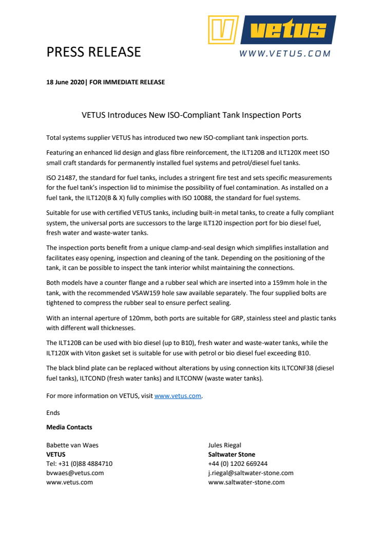 VETUS Introduces New ISO-Compliant Tank Inspection Ports