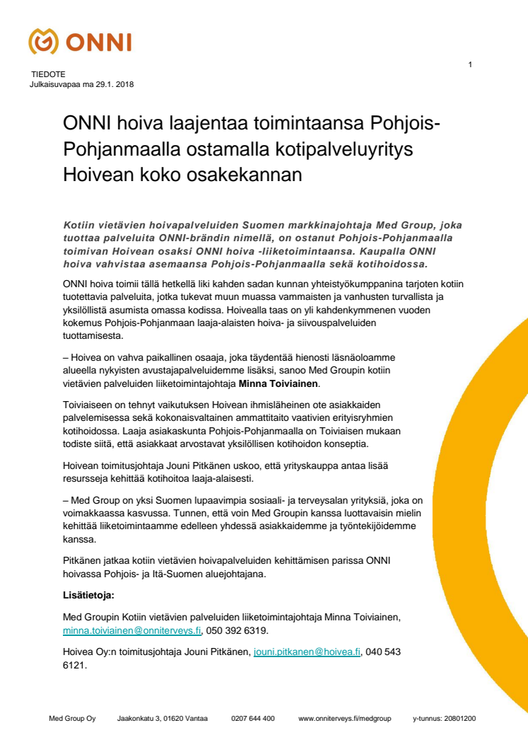 ONNI hoiva laajentaa toimintaansa Pohjois-Pohjanmaalla ostamalla kotipalveluyritys Hoivean koko osakekannan