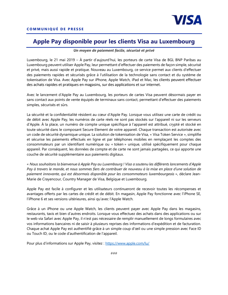 Apple Pay disponible pour les clients Visa au Luxembourg