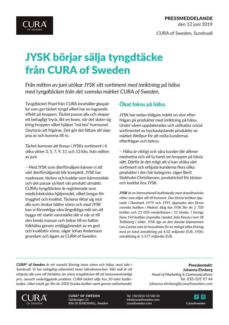 JYSK börjar sälja tyngdtäcke från CURA of Sweden