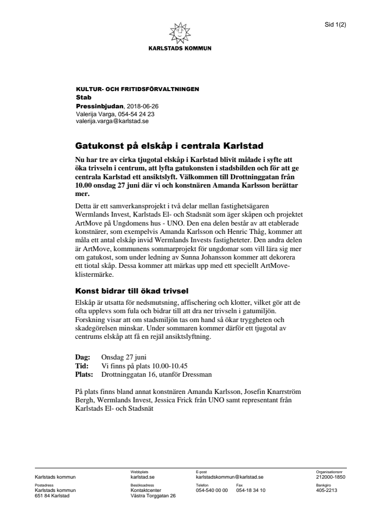 Pressinbjudan: Gatukonst på elskåp i centrala Karlstad