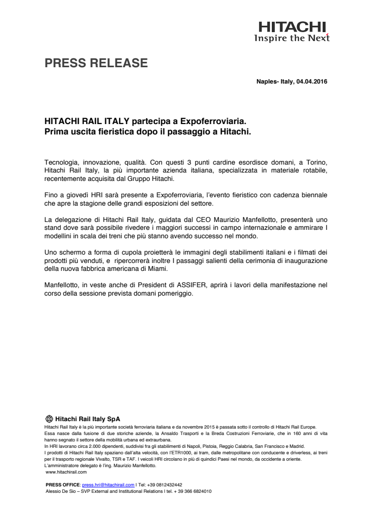 Hitachi Rail Italy partecipa a Expoferroviaria