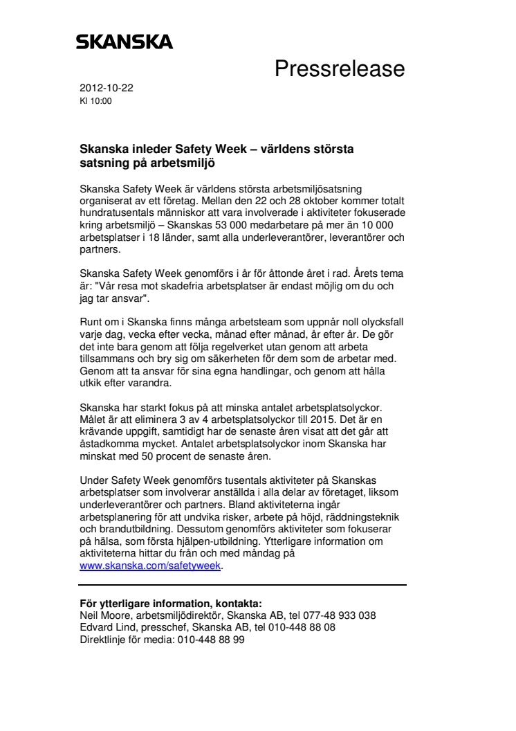 Skanska inleder Safety Week – världens största satsning på arbetsmiljö