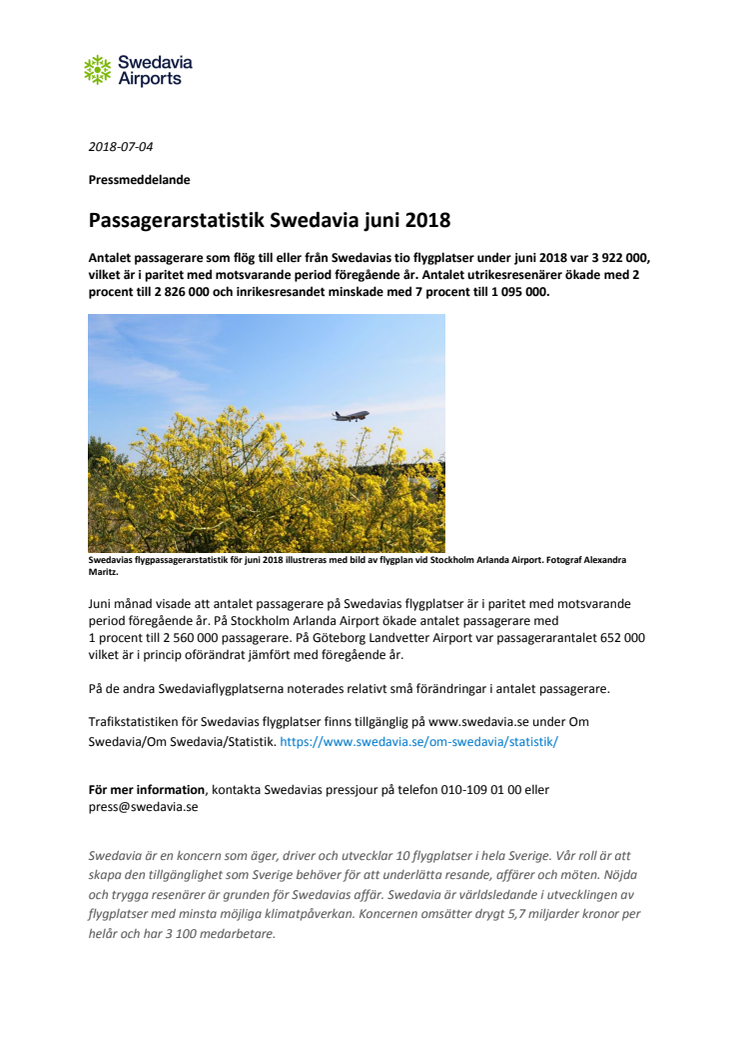 Passagerarstatistik Swedavia juni 2018
