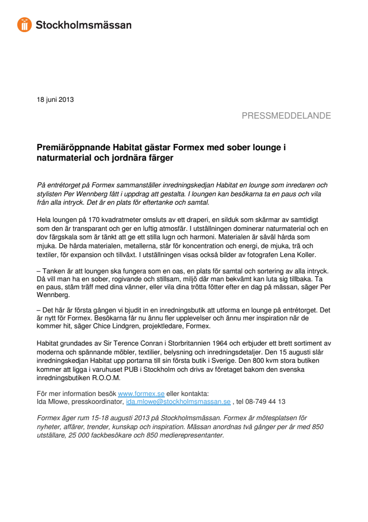 Premiäröppnande Habitat gästar Formex med sober lounge i naturmaterial och jordnära färger