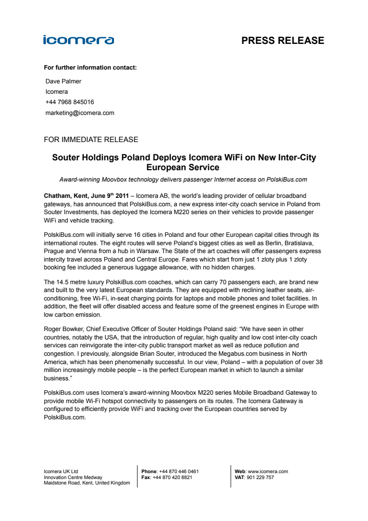 Souter Holdings Poland Deploys Icomera WiFi on New Inter-City European Service