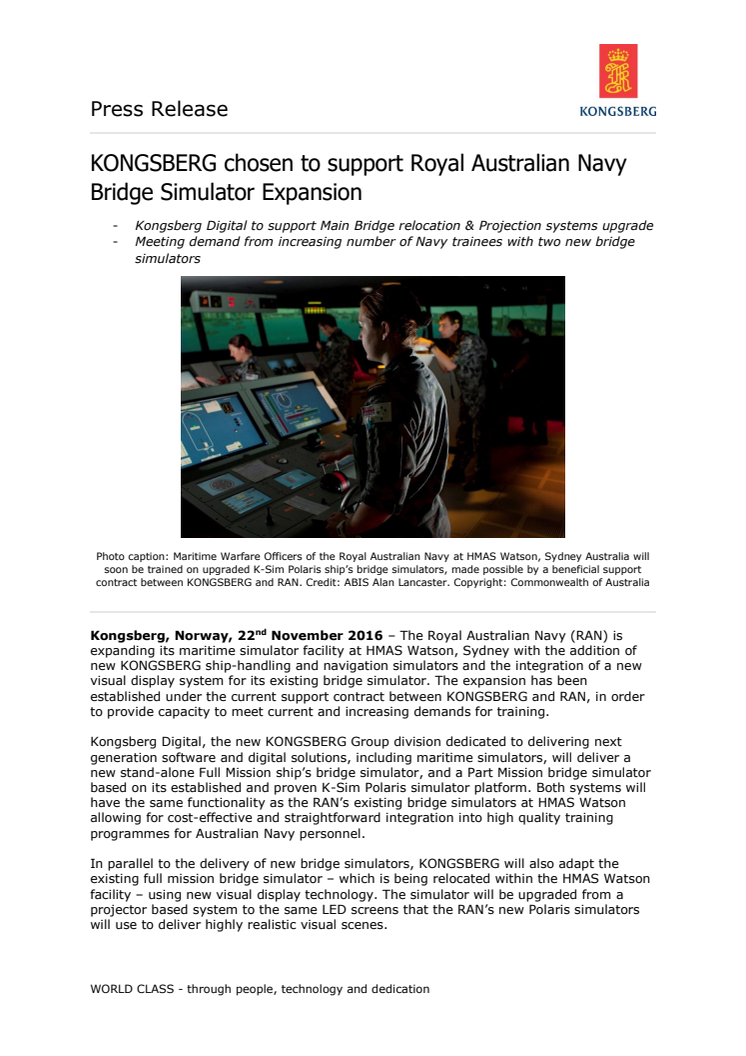 Kongsberg Digital: KONGSBERG chosen to support Royal Australian Navy Bridge Simulator Expansion