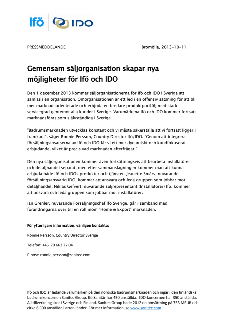 Gemensam säljorganisation skapar nya möjligheter för Ifö och IDO 