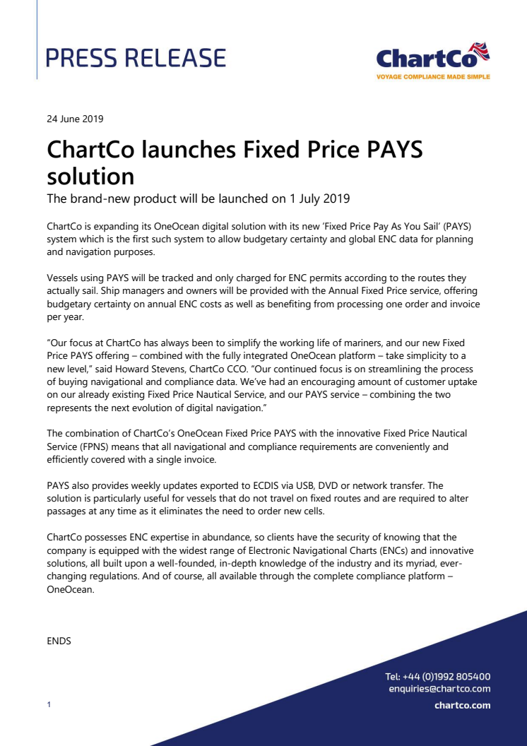 ChartCo launches Fixed Price PAYS solution