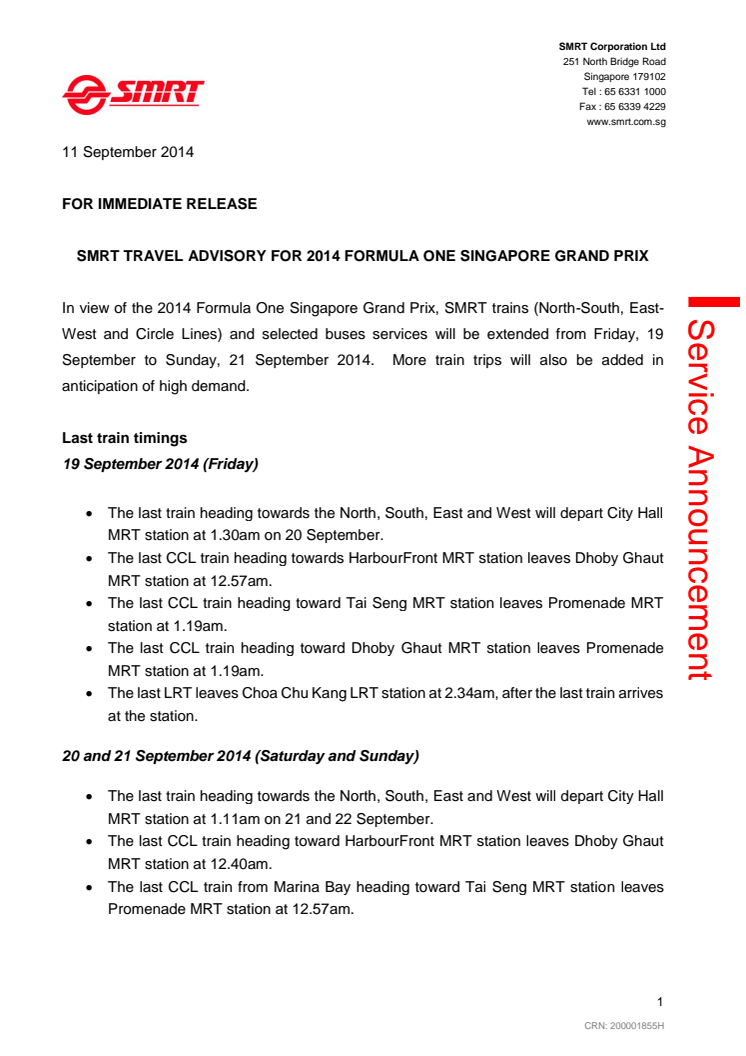 SMRT Travel Advisory for 2014 Formula One Singapore Grand Prix