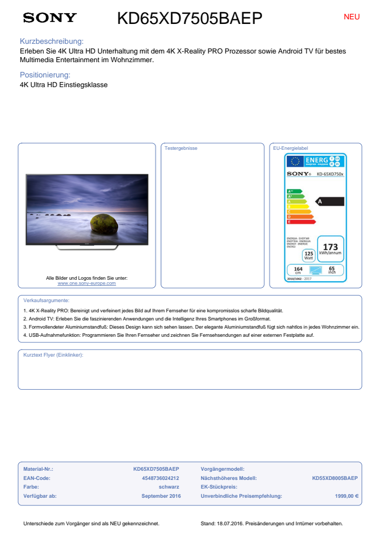 Datenblatt BRAVIA KD-65XD7505BAEP von Son