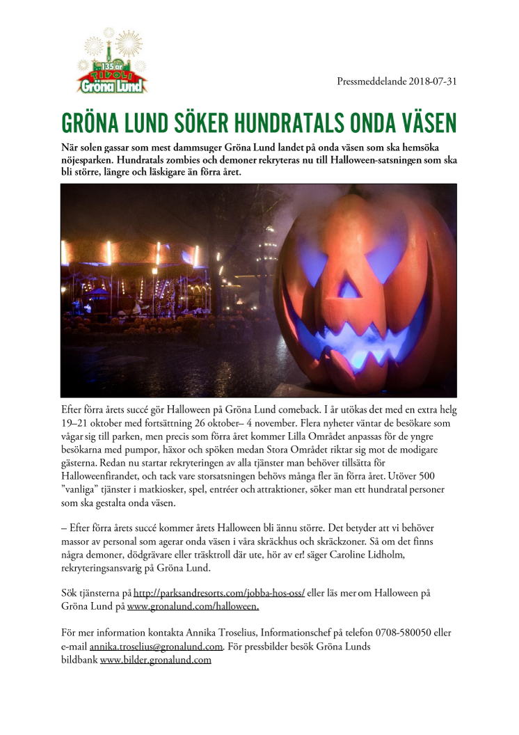 Gröna Lund söker hundratals onda väsen