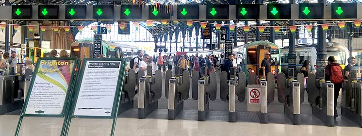 Brighton station decorated for Pride 2018