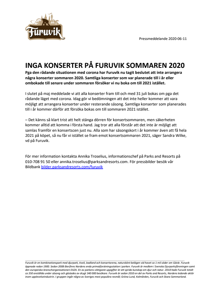 Inga konserter på Furuvik sommaren 2020