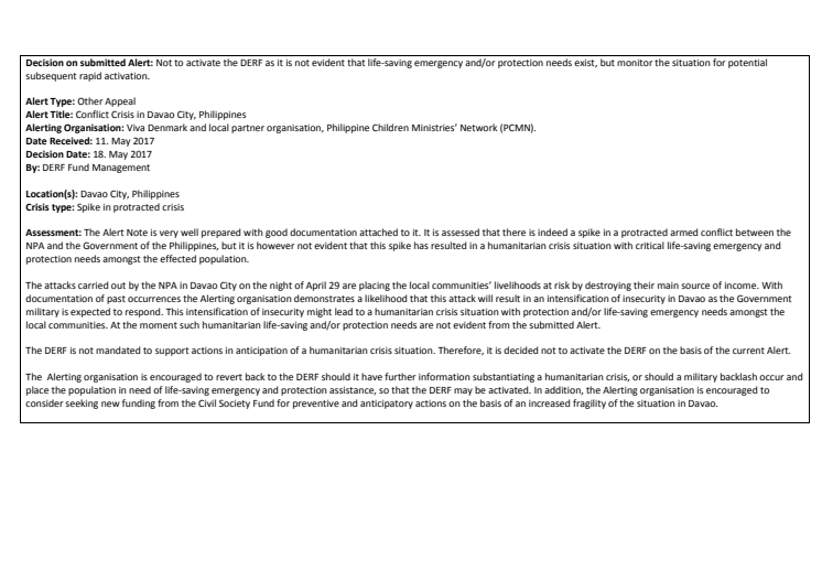 Alert Note:  Philippines: Spike in long standing armed conflict in Davao City (17-004 SP)