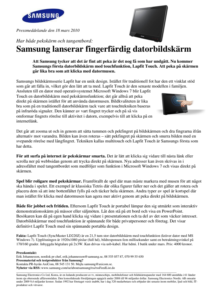 Samsung lanserar fingerfärdig datorbildskärm