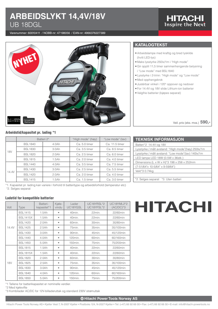 Hitachi arbeidslykt UB18DGL 14,4/18V - Tool Only