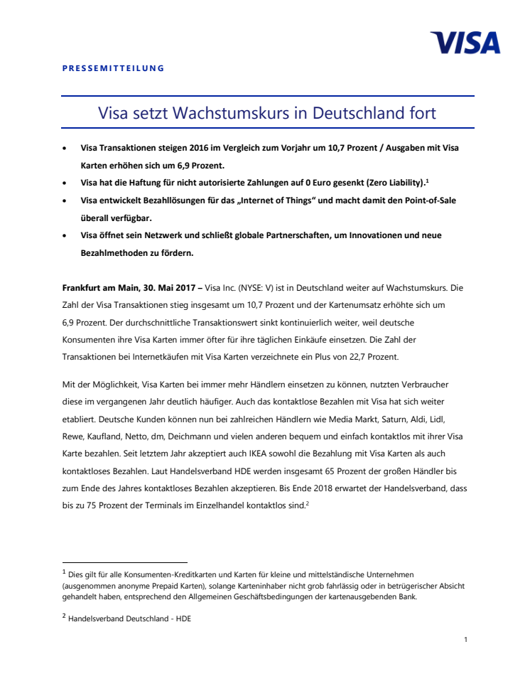 Visa setzt Wachstumskurs in Deutschland fort