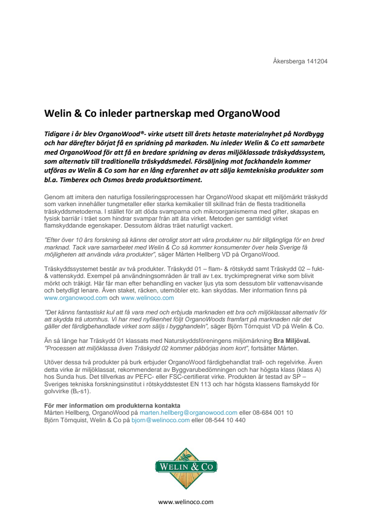 Welin & Co inleder partnerskap med OrganoWood