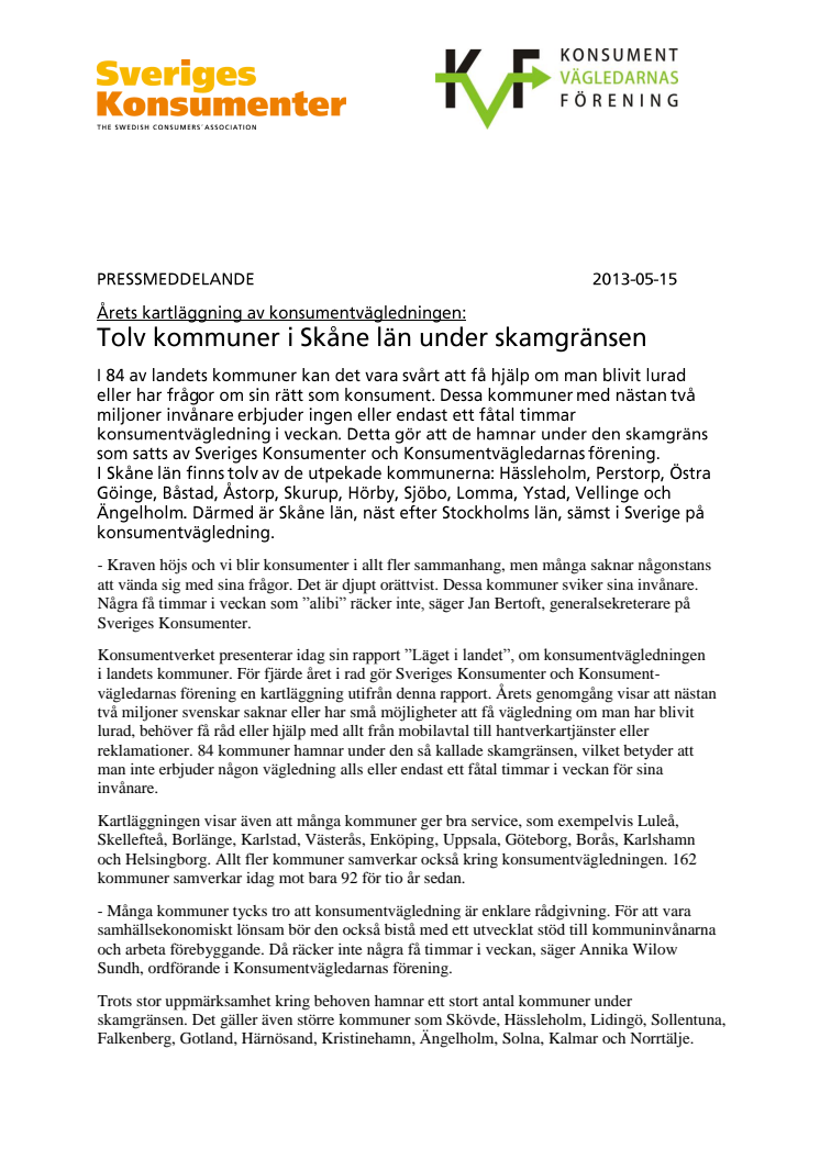 Tolv kommuner i Skåne län under skamgränsen