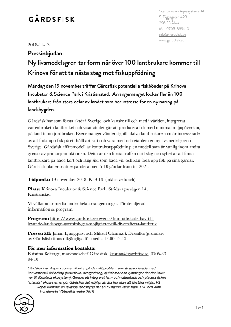 Pressinbjudan: Ny livsmedelsgren tar form när över 100 lantbrukare kommer till Krinova för att ta nästa steg mot fiskuppfödning