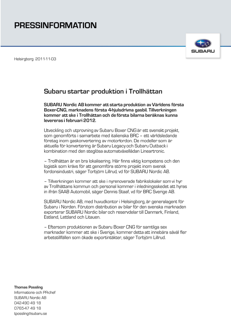 Subaru startar produktion i Trollhättan