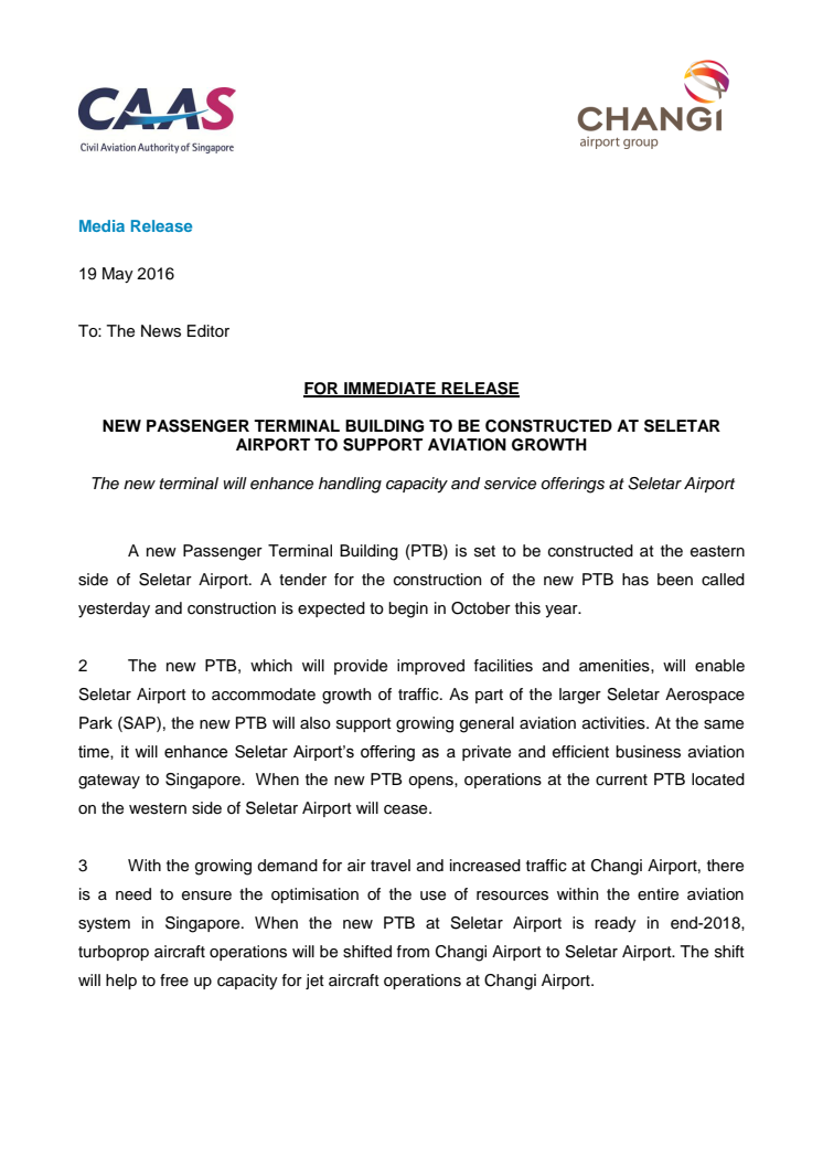 New Passenger Terminal Building To Be Constructed At Seletar Airport To Support Aviation Growth