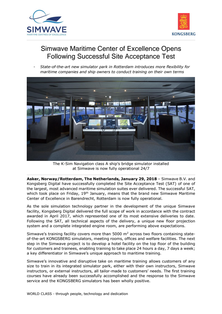 Kongsberg Digital: Simwave Maritime Center of Excellence Opens Following Successful Site Acceptance Test