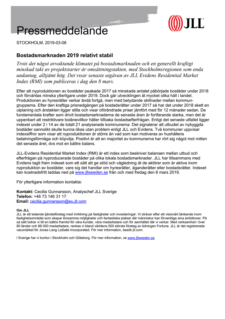 Bostadsmarknaden 2019 relativt stabil