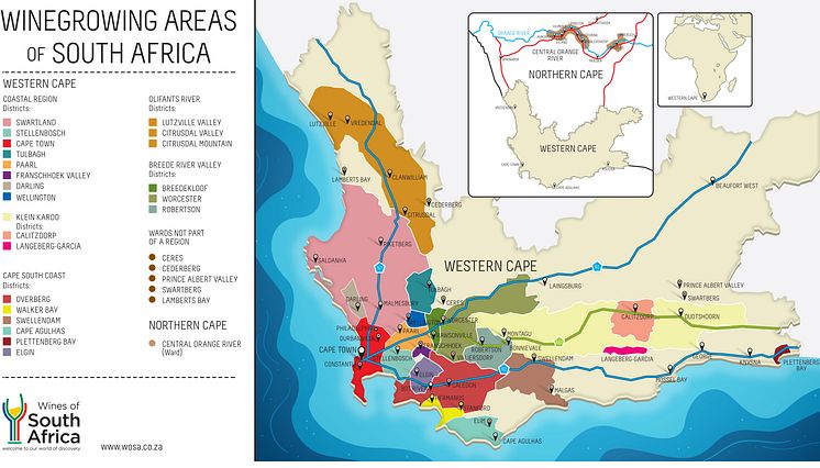 Kart vinregioner i Sør-Afrika
