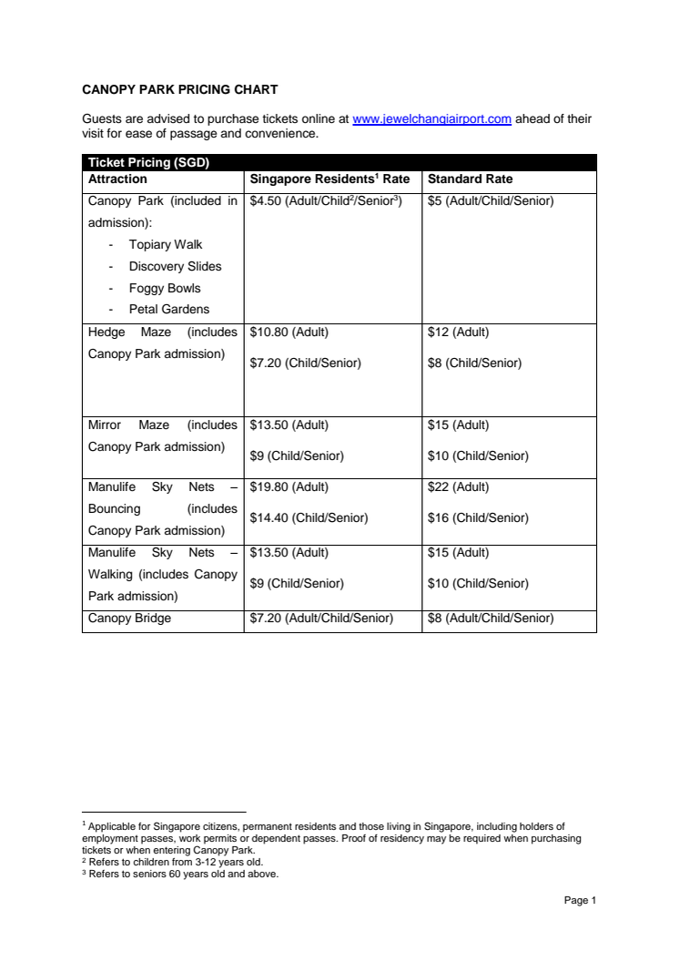 Canopy Park Pricing Details