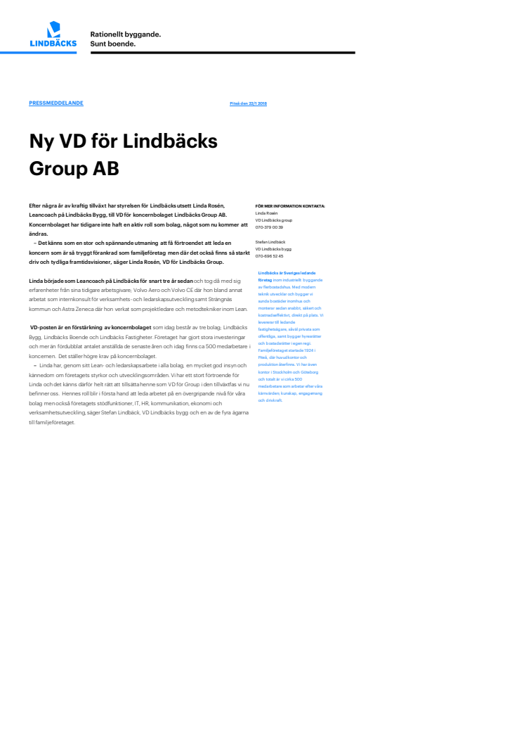 Ny VD för Lindbäcks Group AB