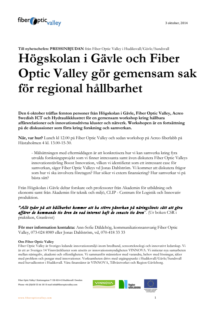 Högskolan i Gävle och Fiber Optic Valley gör gemensam sak för regional hållbarhet