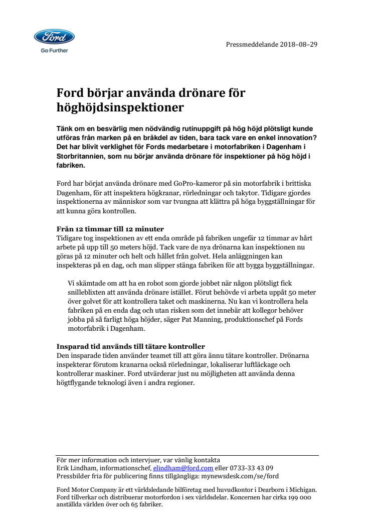 Ford börjar använda drönare för höghöjdsinspektioner