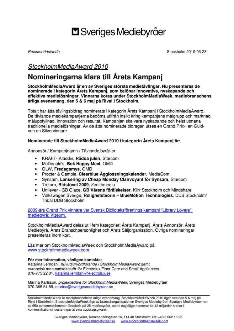 StockholmMediaAward 2010: Nomineringarna klara till Årets Kampanj