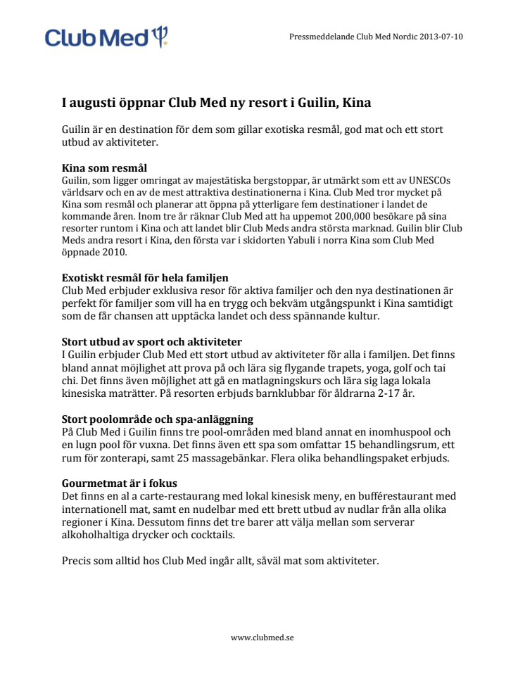I augusti öppnar Club Med ny resort i Guilin, Kina