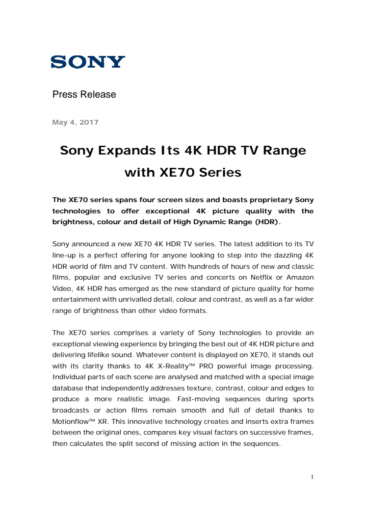 Sony udvider deres udvalg af 4K HDR tv’er med ny XE70-serie 