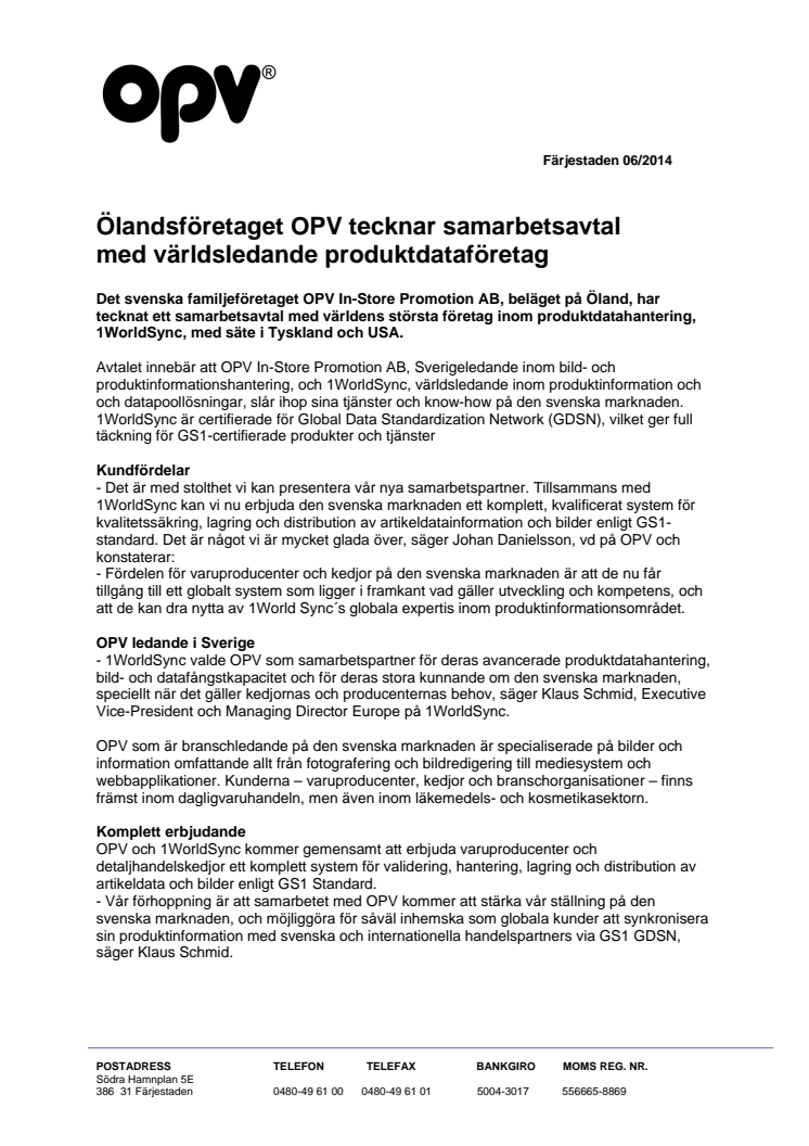 OPV tecknar samarbetsavtal med världsledande produktdataföretag