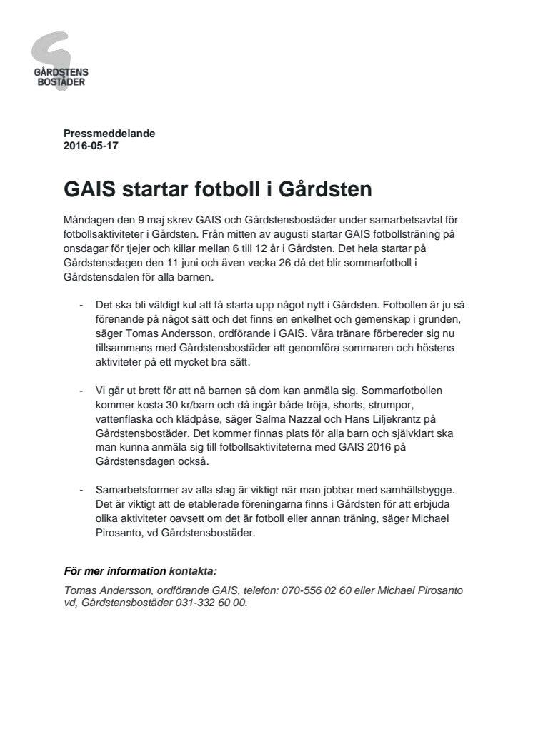 GAIS startar fotboll i Gårdsten