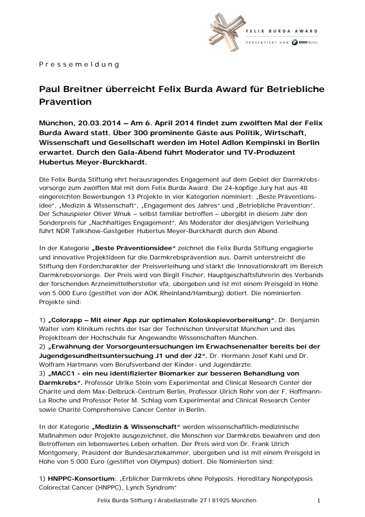 Paul Breitner überreicht Felix Burda Award für Betriebliche Prävention