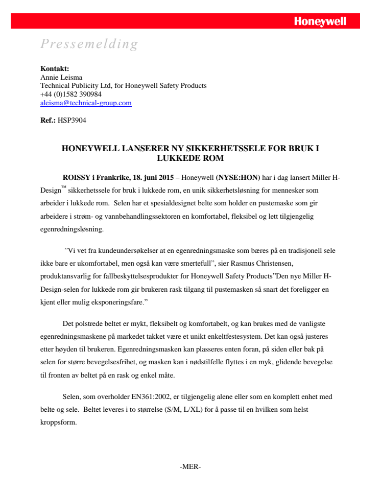 Honeywell lanserer ny sikkerhetssele for bruk i lukkede rom 