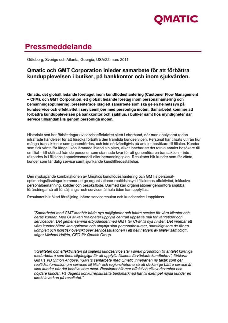 Qmatic och GMT Corporation inleder samarbete för att förbättra kundupplevelsen i butiker, på bankkontor och inom sjukvården.