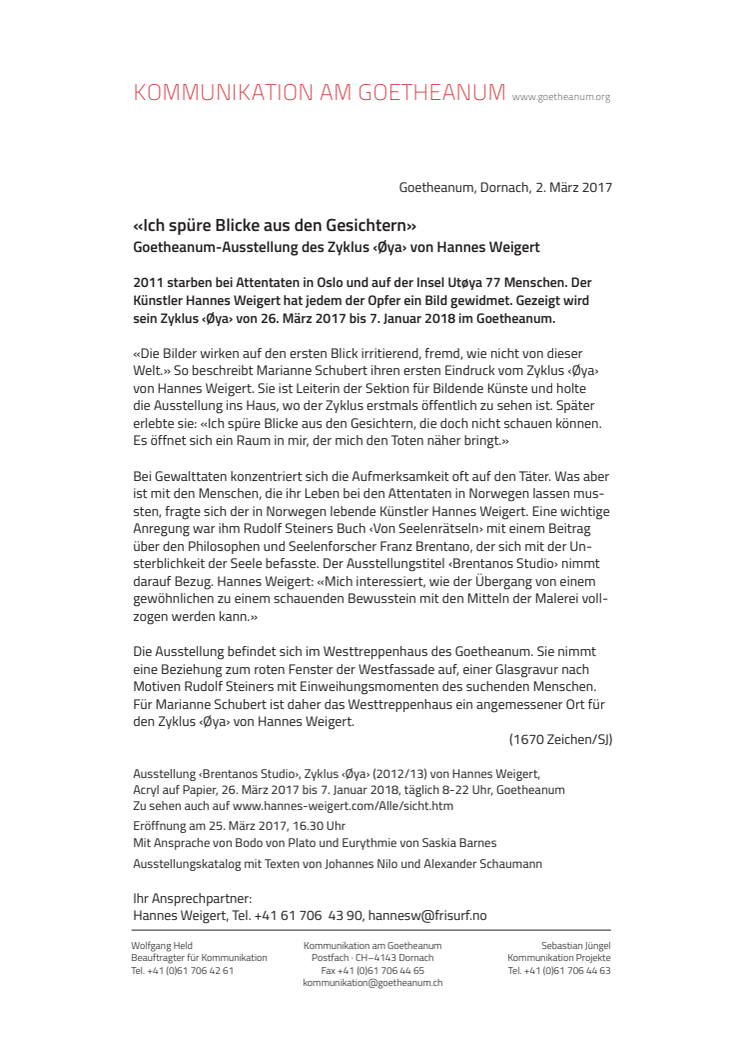 ​«Ich spüre Blicke aus den Gesichtern». Goetheanum-Ausstellung des Zyklus ‹Øya› von Hannes Weigert