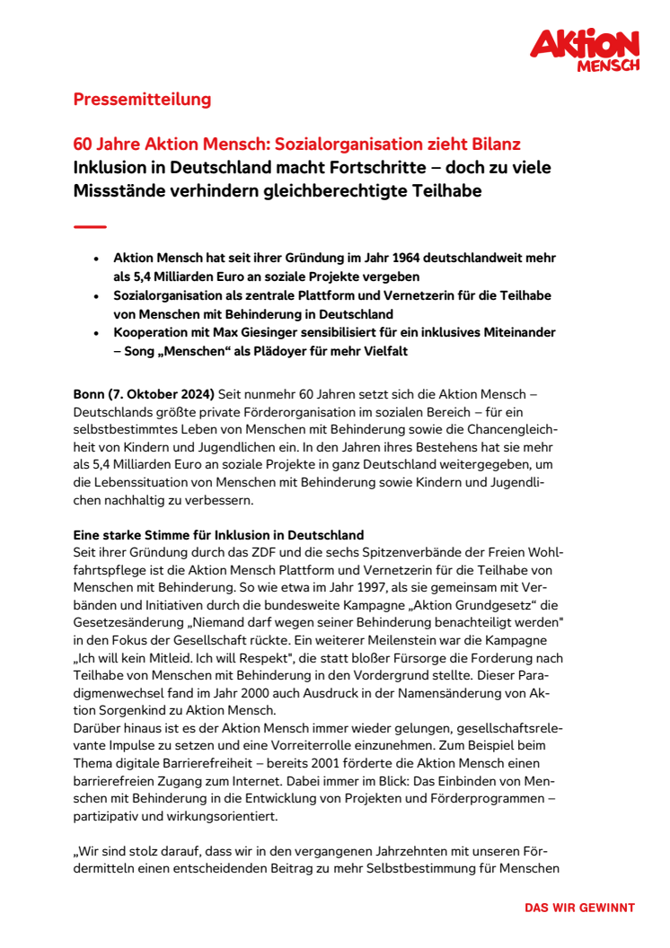 60 Jahre Aktion Mensch: Sozialorganisation zieht Bilanz Inklusion in Deutschland macht Fortschritte – doch zu viele Missstände verhindern gleichberechtigte Teilhabe